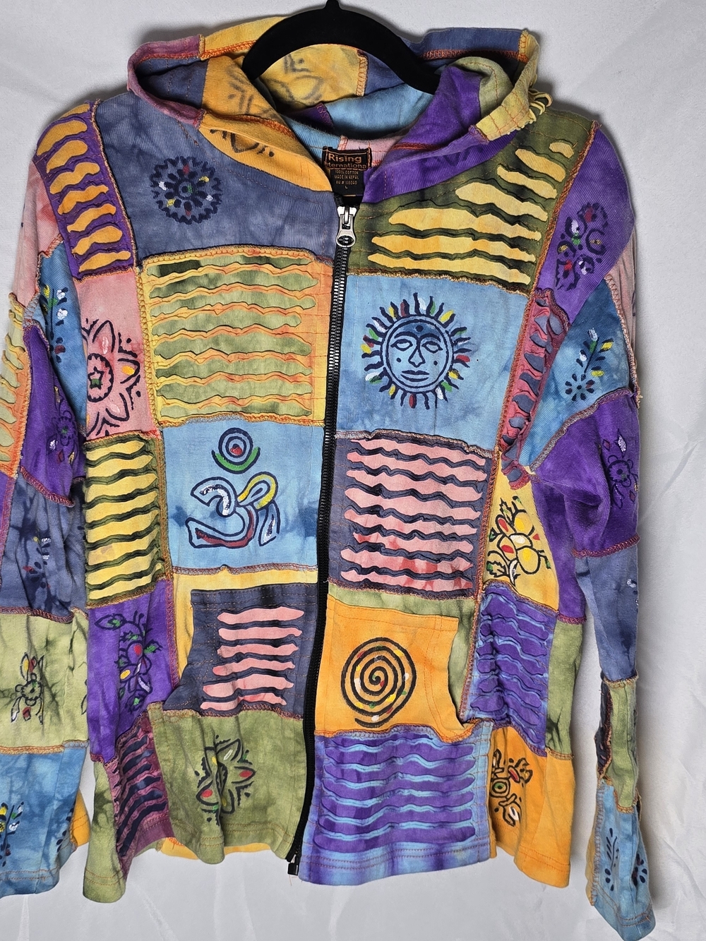Rising International Patchwork Multicolor Hooded Jacket Boho Sun & Spiral Motif - Picture 2 of 7